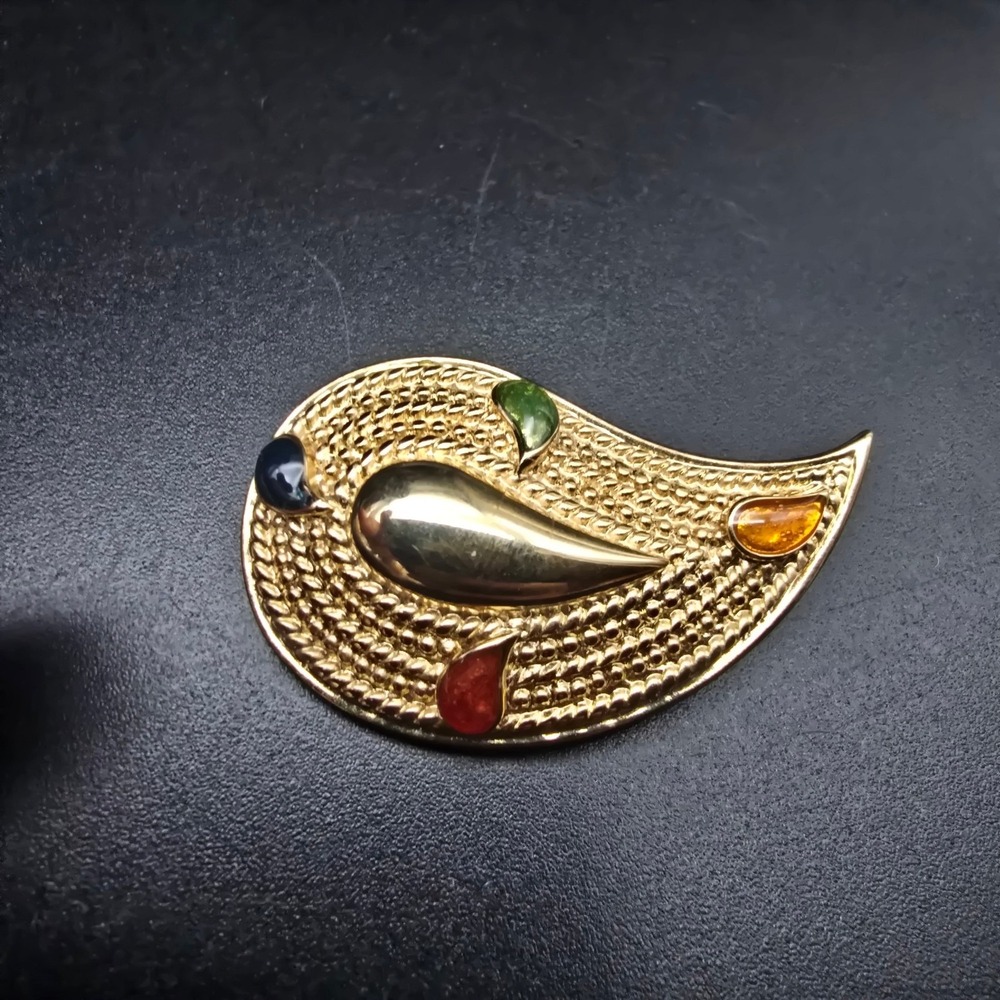Avon 1986 Paisley Colors Brooch Gold Tone Primary Colors Vintage Jewelry